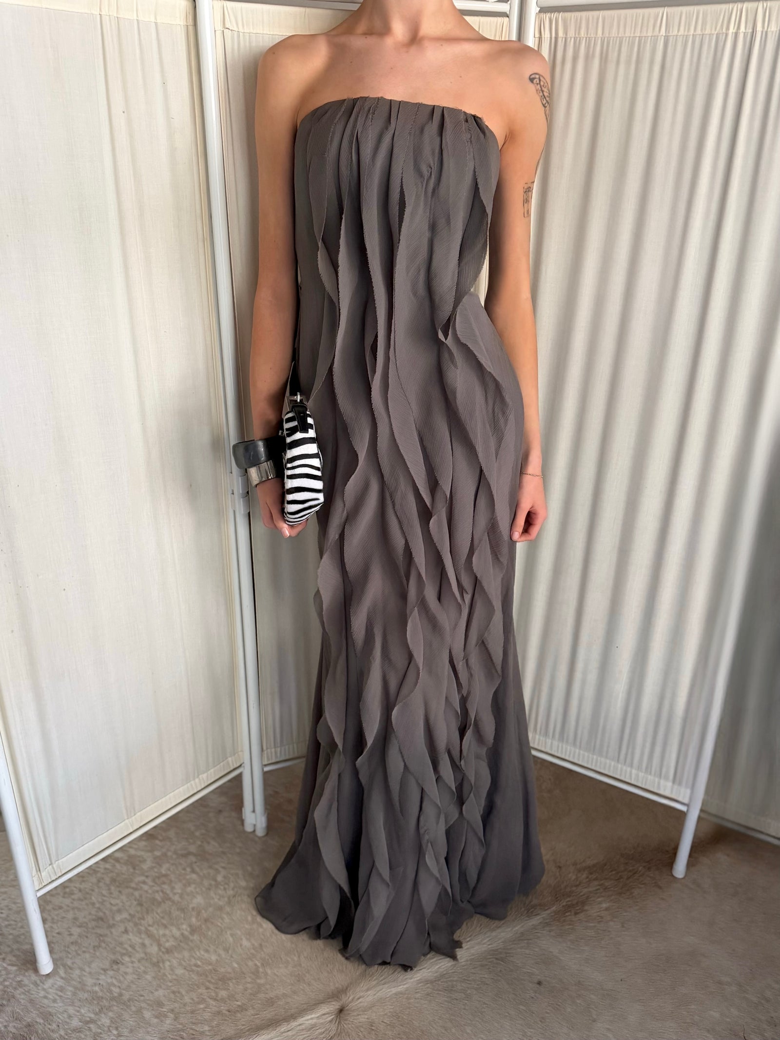 Vera Wang Vintage Cascading Gown In Charcoal Grey